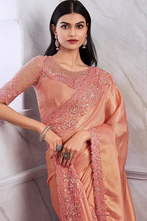 Peach Designer Golden Shimmer Silk Saree With Blouse Piece At Shubhkala