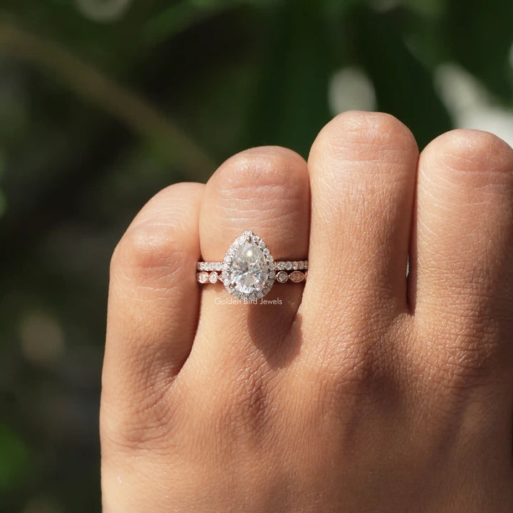 Pear Cut Moissanite Halo Bridal Ring Set