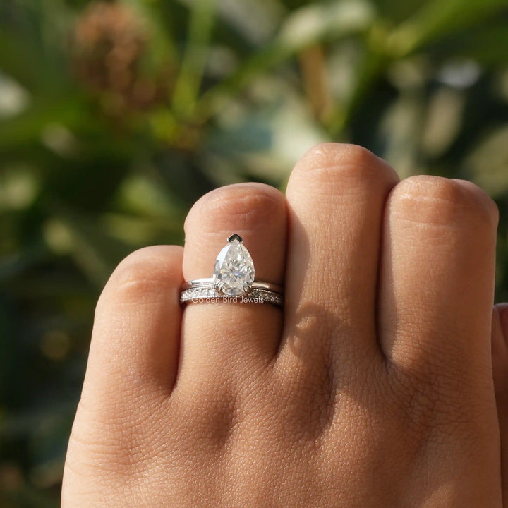 Pear Moissanite Hidden Halo Ring With Eternity Band