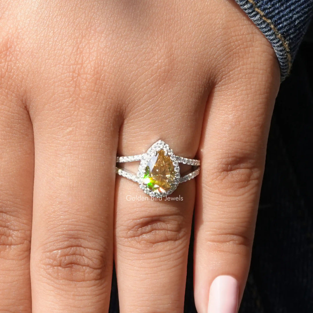 Yellow Pear Moissanite Halo Engagement Ring