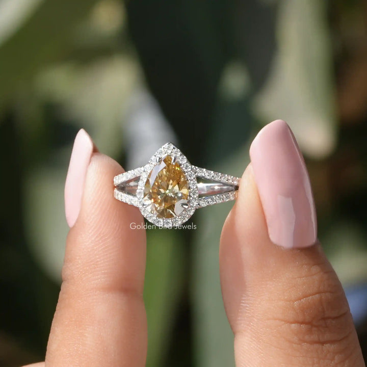 Yellow Pear Moissanite Halo Engagement Ring