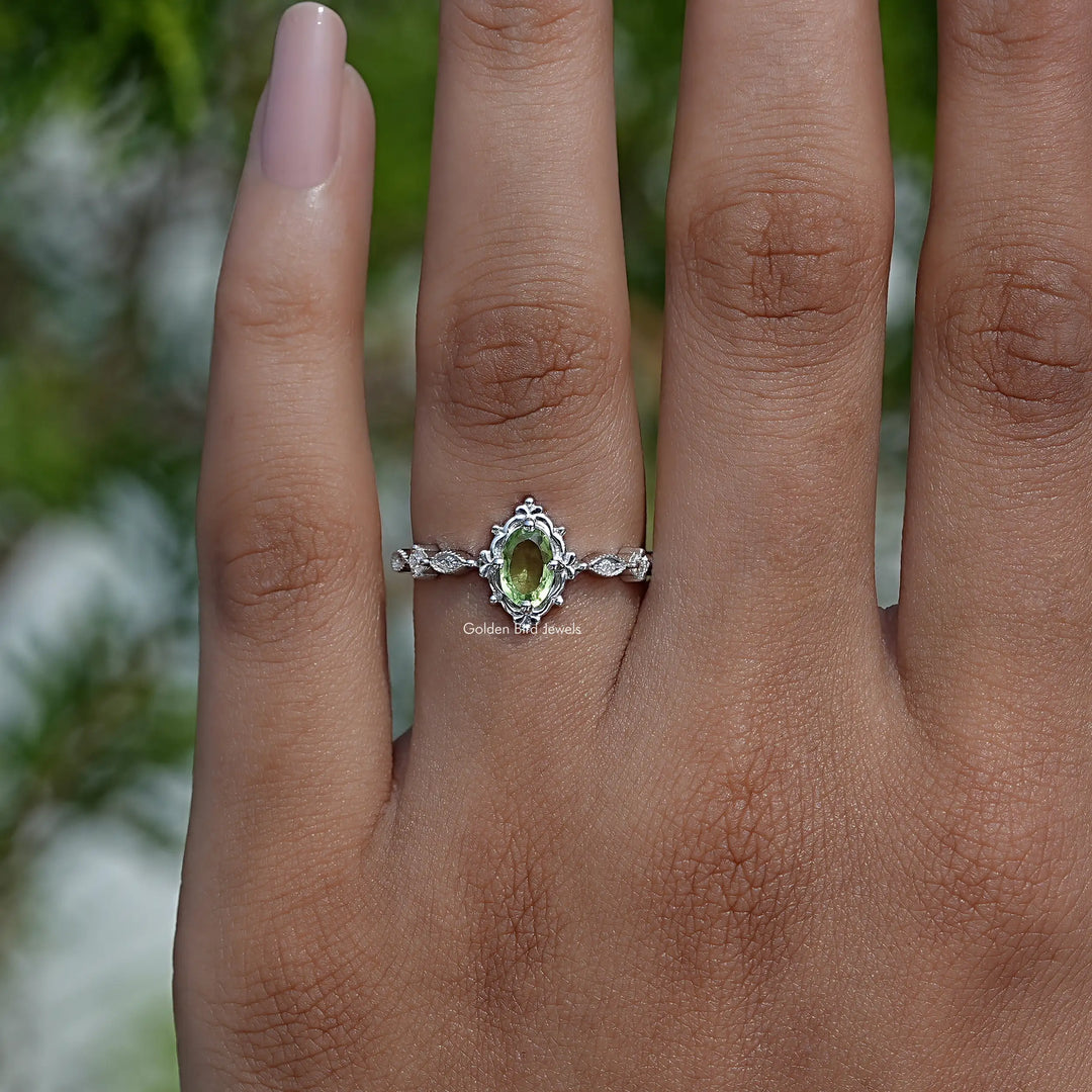 Peridot Green Oval Cut Gemstone Accent Ring