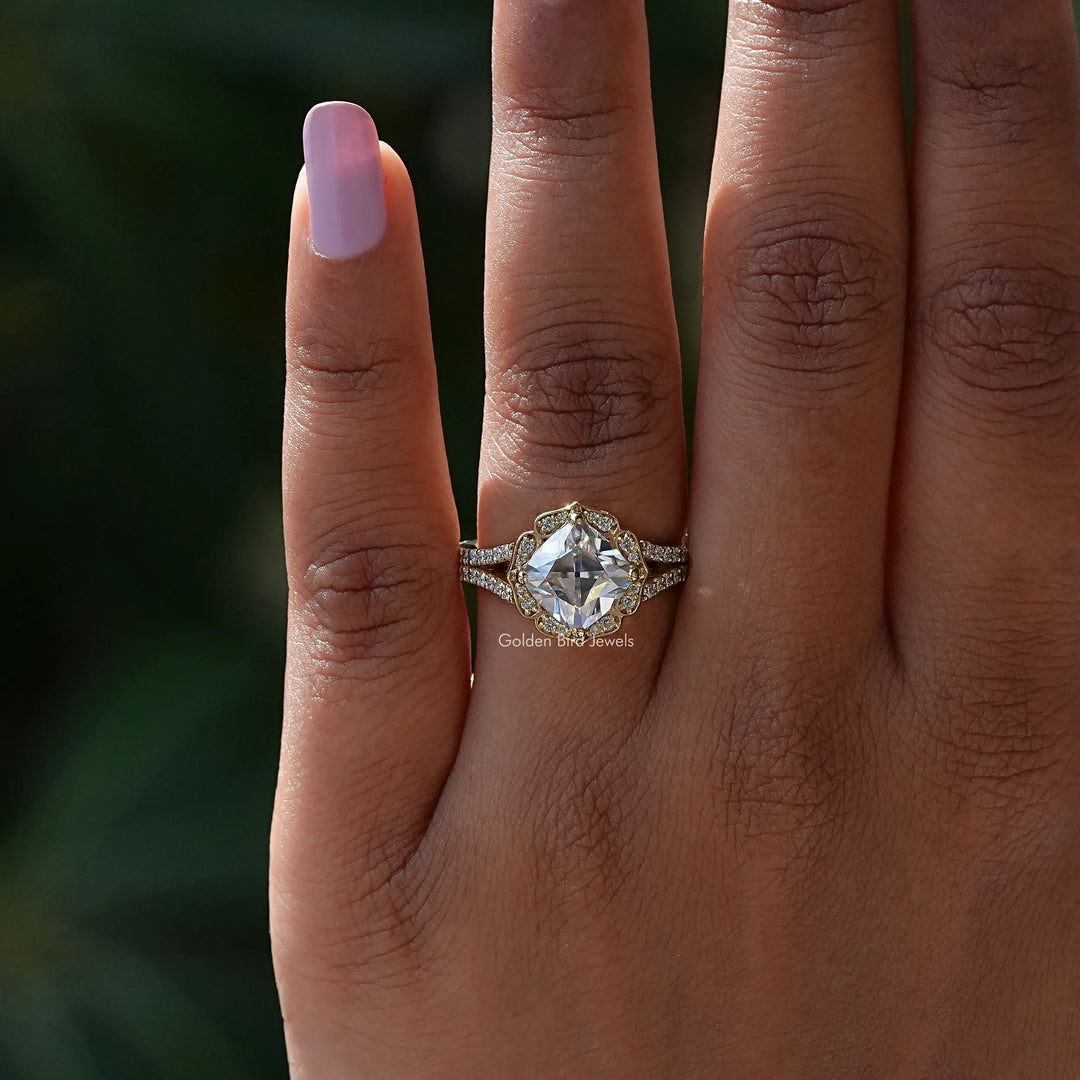 Peruzzi Cut Moissanite Halo Split Shank Ring