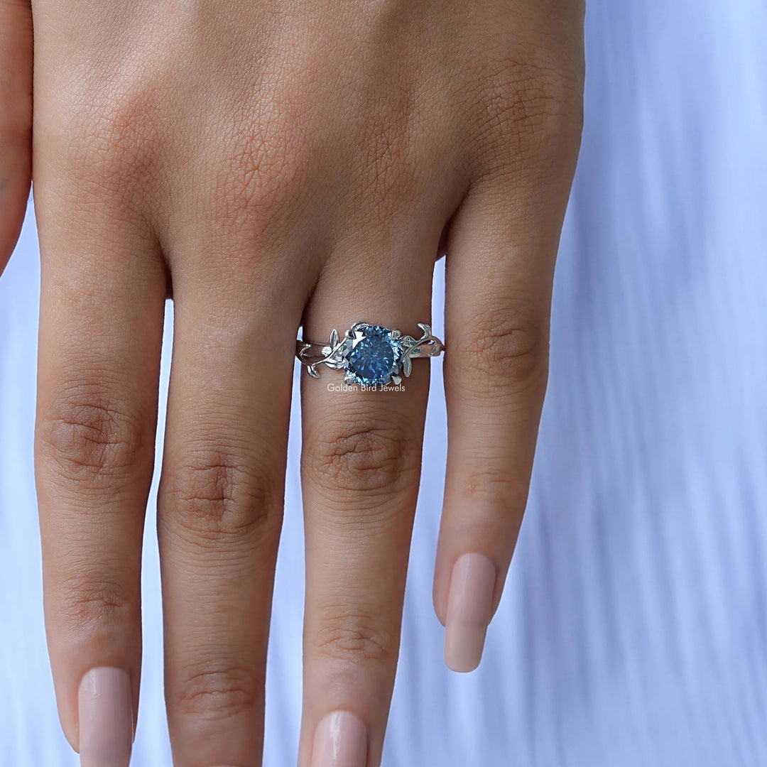 Blue Portuguese Cut Round Moissanite Ring