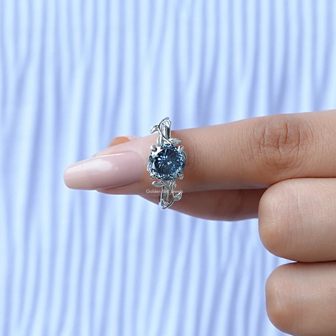 Blue Portuguese Cut Round Moissanite Ring