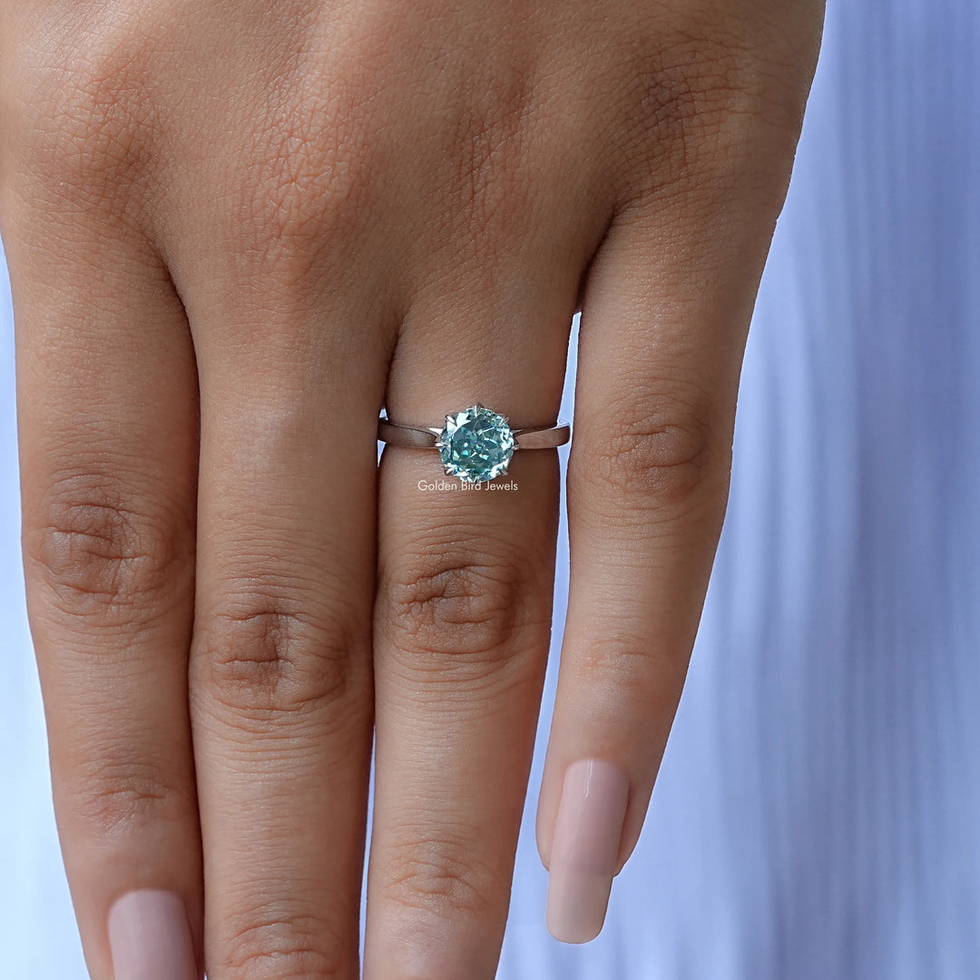 Cyan Blue Portuguese Round Cut Moissanite Ring