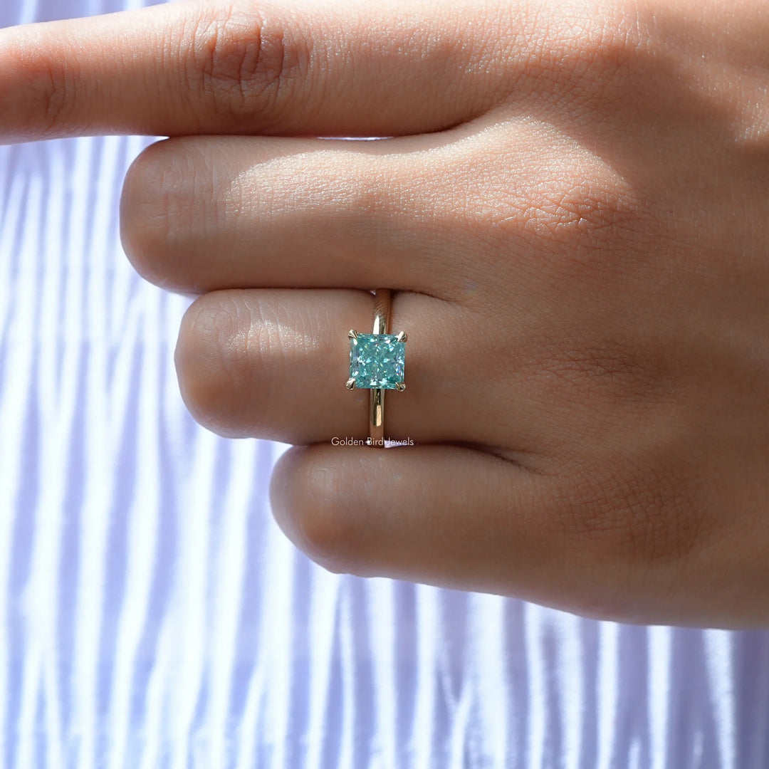 Cyan Blue Princess Cut Moissanite Solitaire Ring