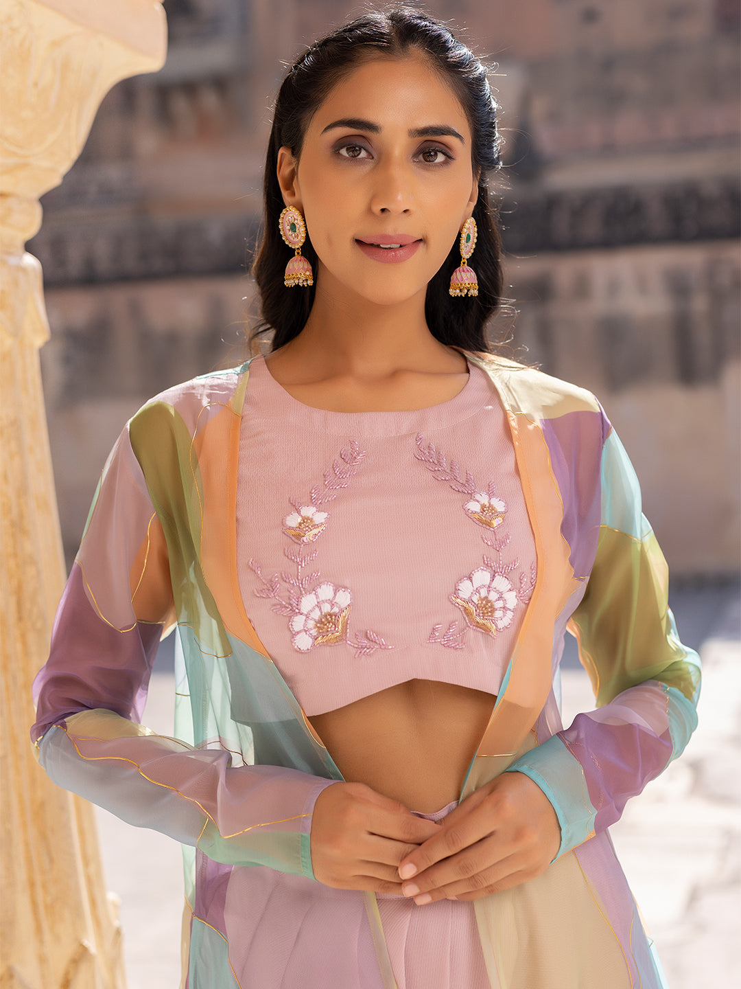 Primrose Pink Top Tulip Skirt with Shrug  - By Ragavi - qivii