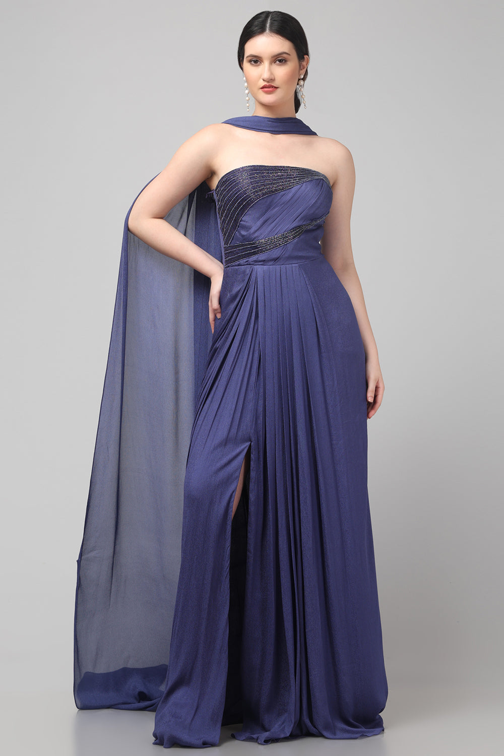 Royal Purple Embellished Strapless Saree Gown with Drape Detail