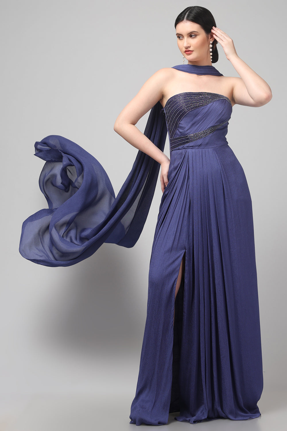 Royal Purple Embellished Strapless Saree Gown with Drape Detail