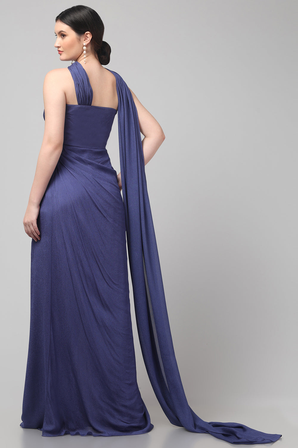 Royal Purple Embellished Strapless Saree Gown with Drape Detail