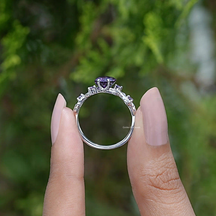 Purple Amethyst Hexagon Cut Leaf Engagement Ring