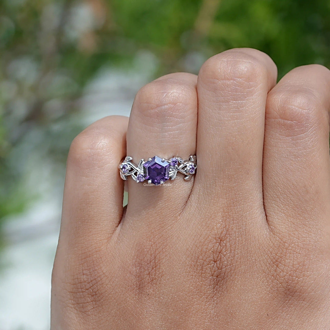 Purple Amethyst Hexagon Cut Leaf Engagement Ring