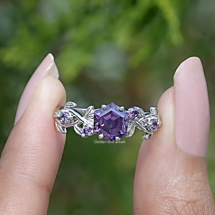 Purple Amethyst Hexagon Cut Leaf Engagement Ring