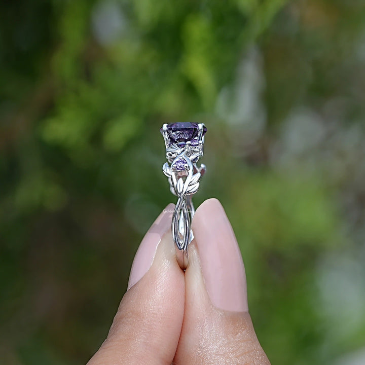 Purple Amethyst Hexagon Cut Leaf Engagement Ring