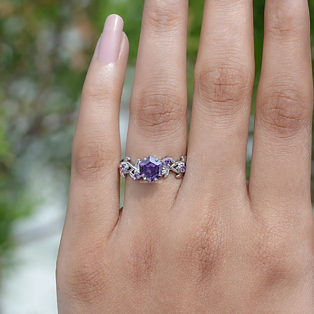 Purple Amethyst Hexagon Cut Leaf Engagement Ring