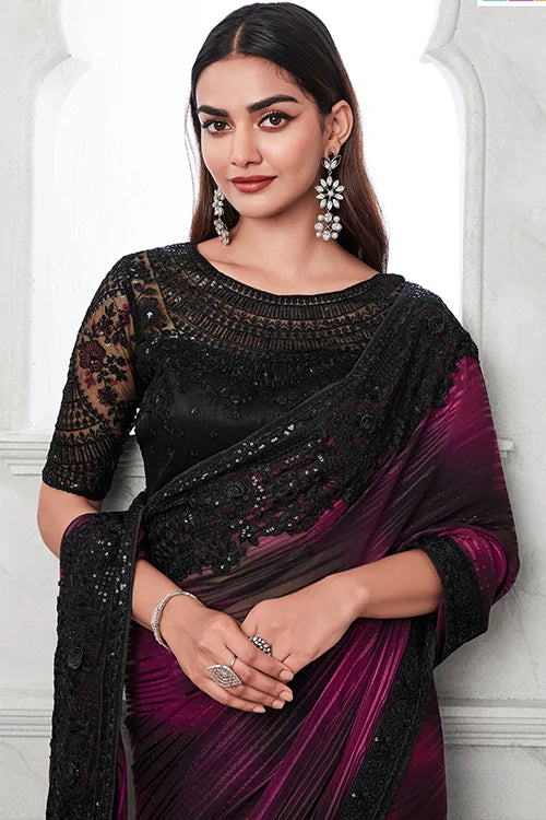 Exquisite purple and black cherry rainbow pattern silk saree with matching blouse piece