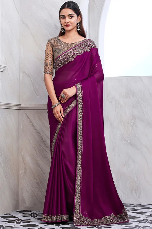 Chiffon Silk Purple Designer Saree With Fancy Blouse Piece