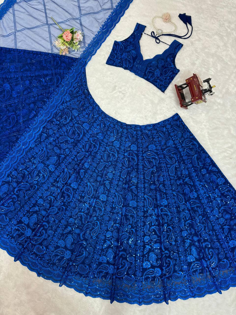 Traditional Blue Color Lehenga with Intricate Thread Work - Side View