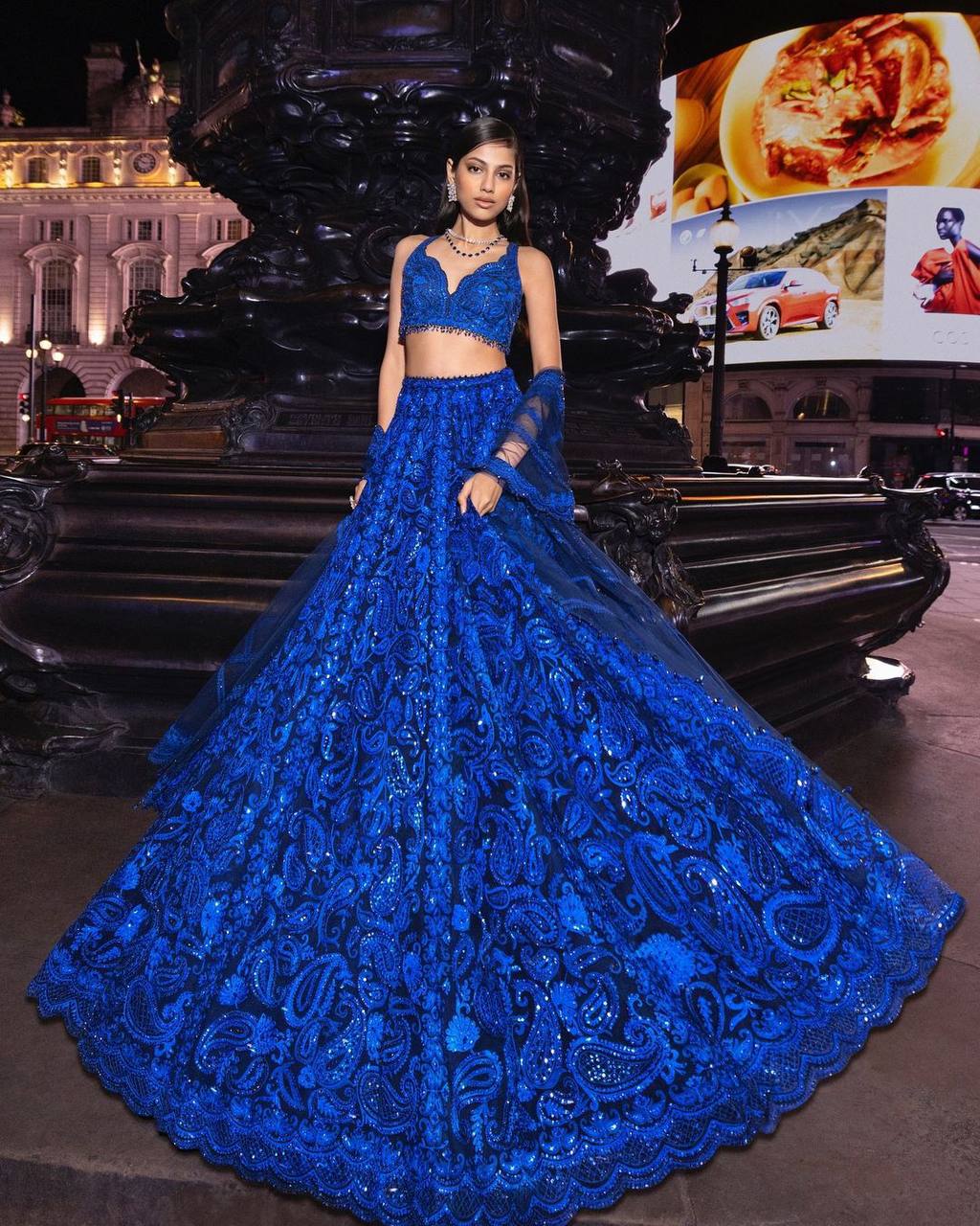 Blue Color Faux georgette Sequence Lehenga with Thread Work - Front View