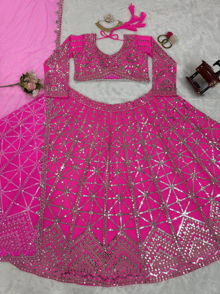 Pink Color Foux gorgette Sequnce with thread Lehengha - INSPIRED