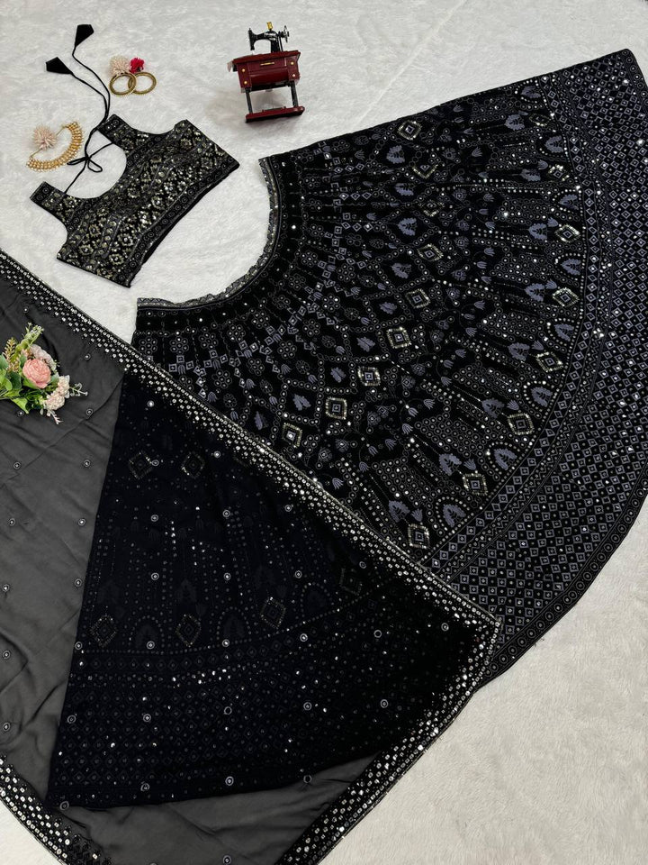 Beautiful black color faux georgette lehenga with sequins and thread work, inspired by traditional Indian designs