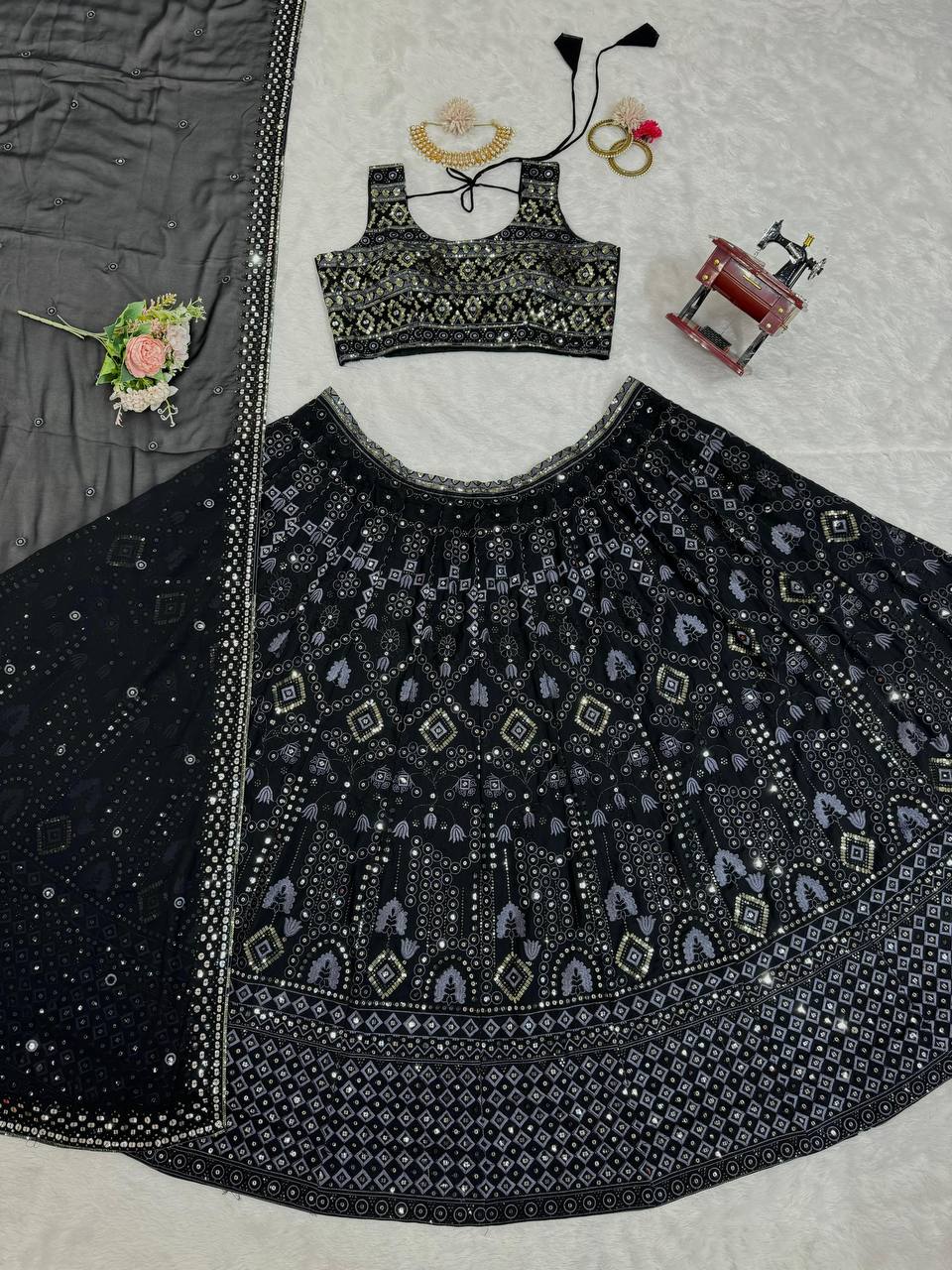 Exquisite black Lehengha adorned with intricate sequin and thread work