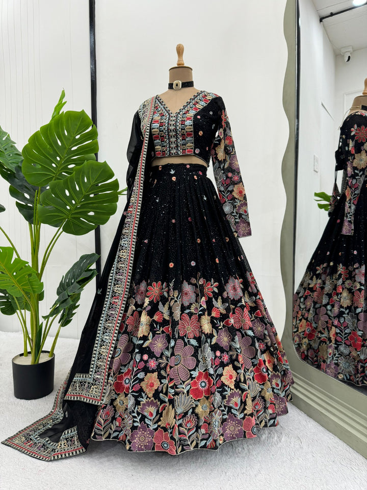 Black Foux gorgette Lehengha with intricate sequence and thread work detailing