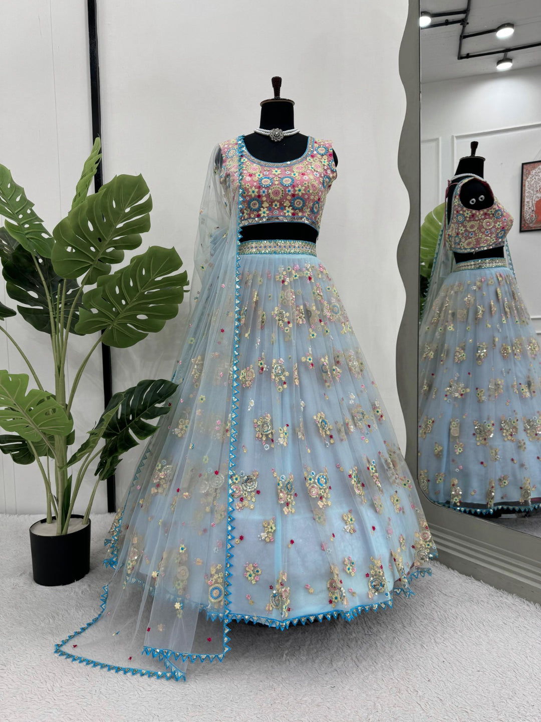 Beautiful sky blue butterfly net thread with sequin lehenga, perfect for special occasions