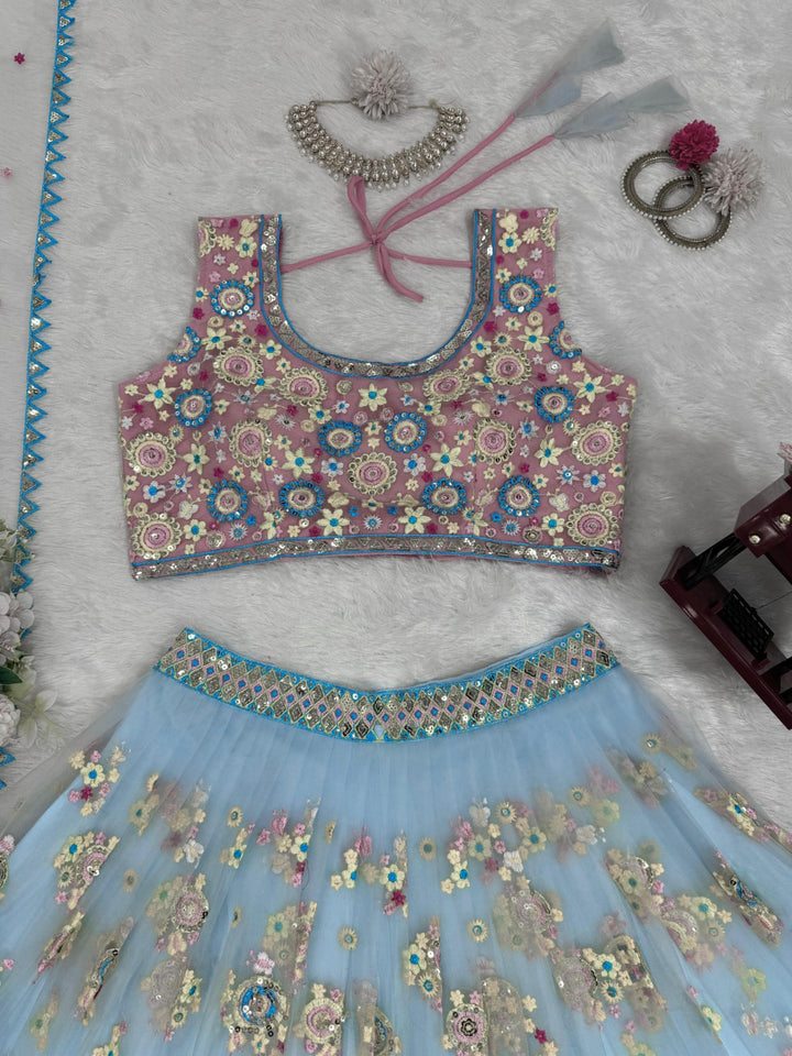 Beautiful sky blue butterfly net thread with sequence lehenga inspired by nature