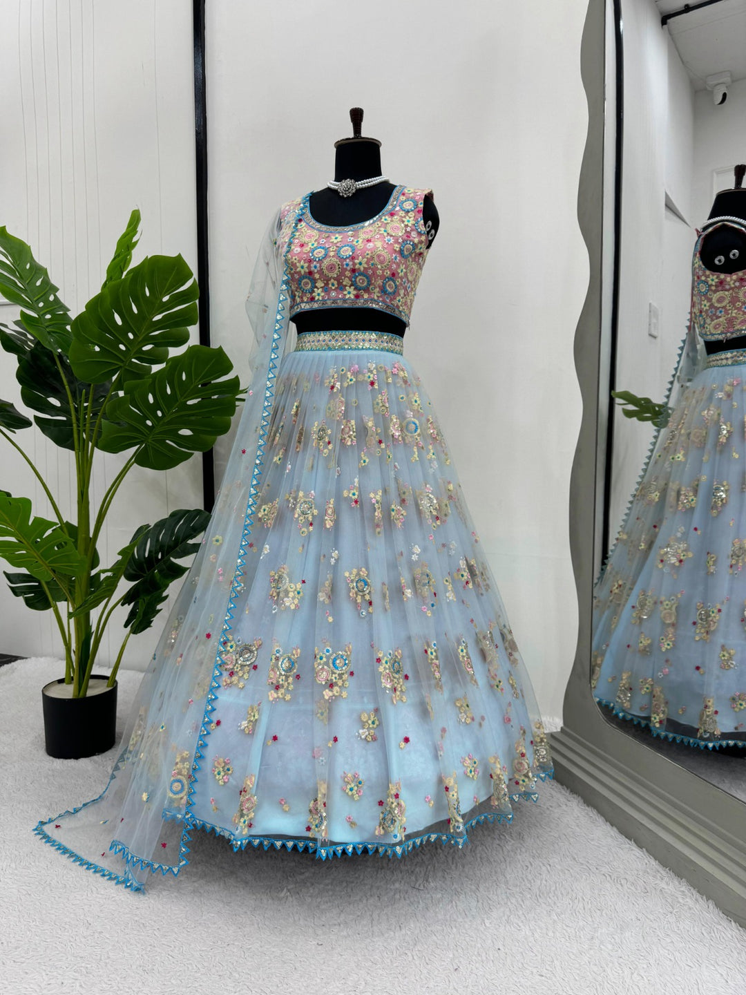 Beautiful sky blue butterfly net thread with sequin lehenga inspired by traditional Indian fashion