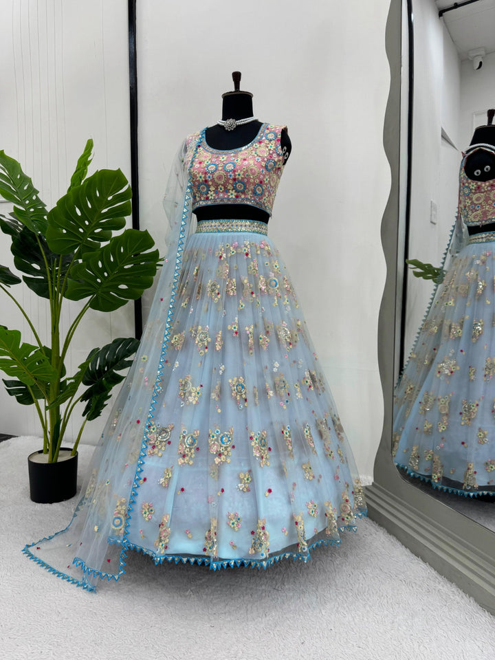 Beautiful sky blue butterfly net thread with sequin lehenga inspired by traditional Indian fashion