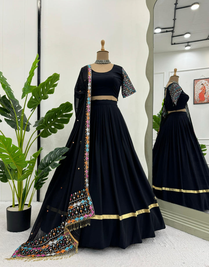 Black Color Foux Gorgette thread with Sequnce with fancy lace broder Lehengha - INSPIRED