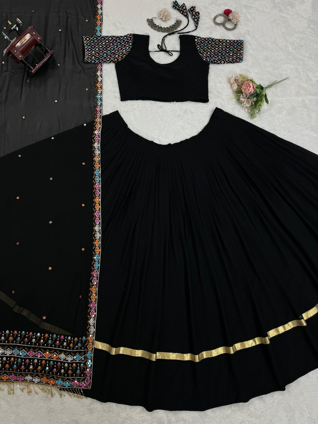 Black Color Foux Gorgette thread with Sequnce with fancy lace broder Lehengha - INSPIRED