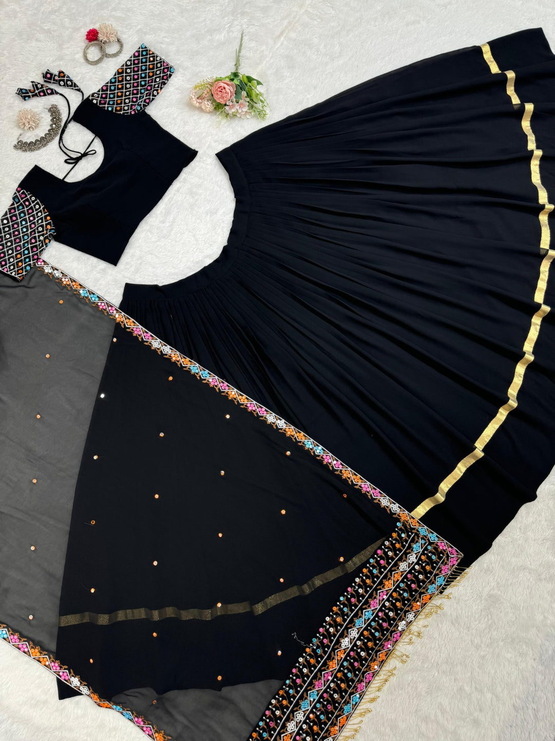 Black Color Foux Gorgette thread with Sequnce with fancy lace broder Lehengha - INSPIRED