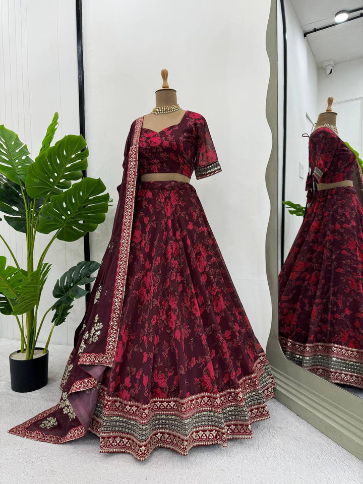 Elegant maroon lehenga with intricate digital print and sequin detailing