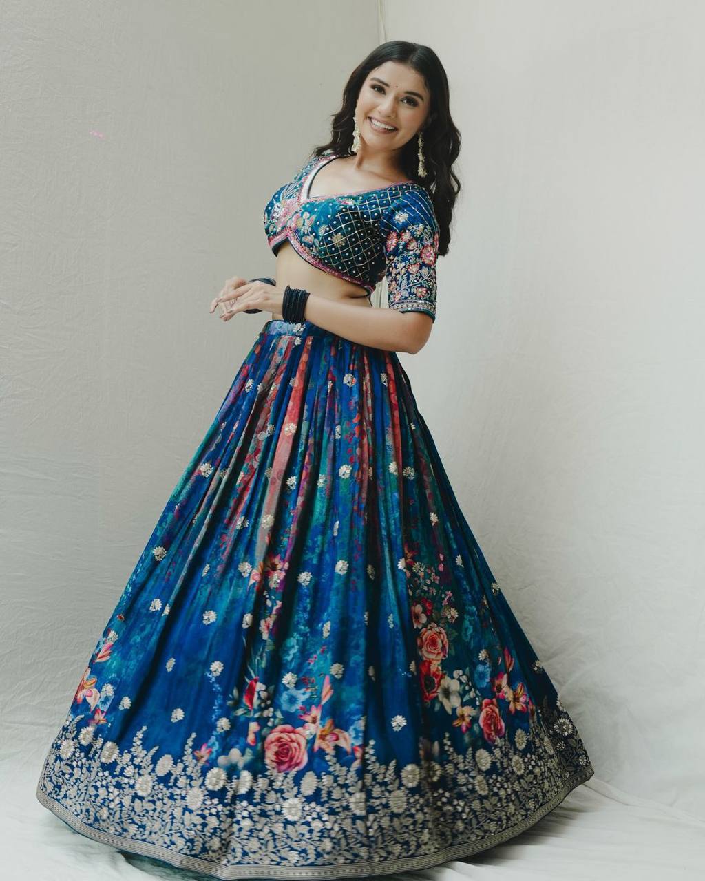 Blue Color Foux Gorgette Lehengha with Digital Floral Print and Sequin Embellishments