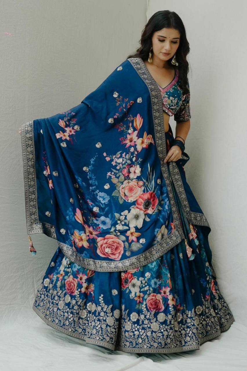 Elegant Blue Color Lehenga with Intricate Digital Print and Sequnce Detailing