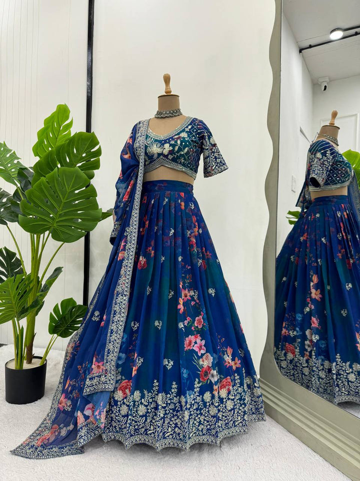 Beautiful Blue Foux Gorgette Lehenga with Thread Embroidery and Sequins