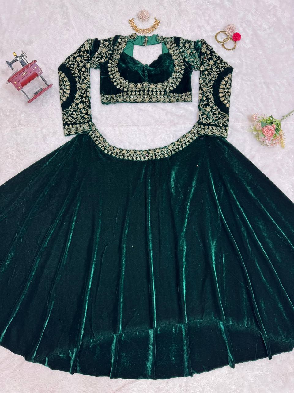 Beautiful Green Viscos velvet thread with Sequence Lehengha - INSPIRED, perfect for special occasions