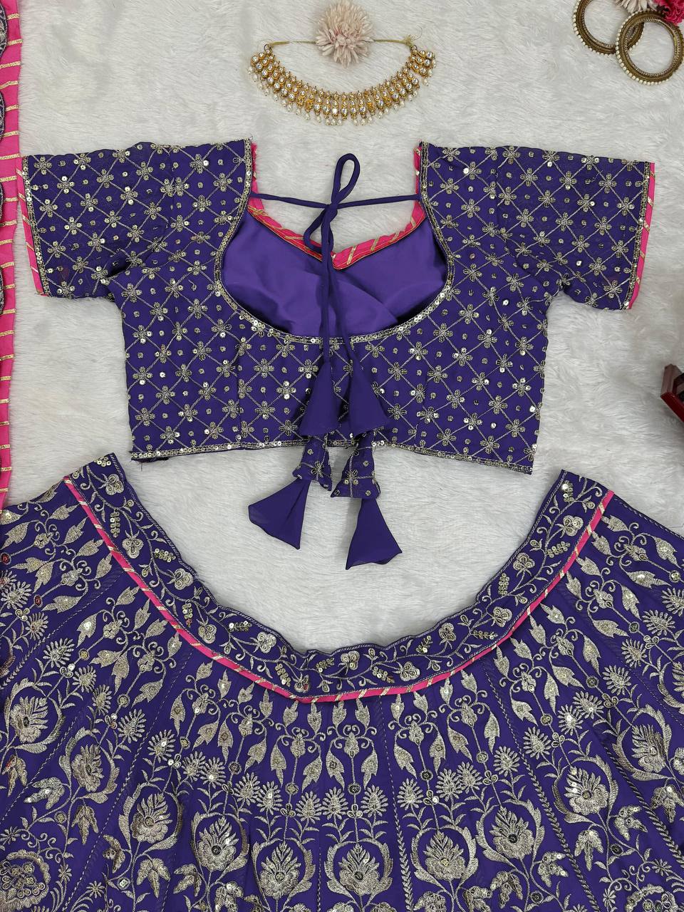 Purple Foux Gorgette thread with Sequnce with lace broder  Lehengha - INSPIRED