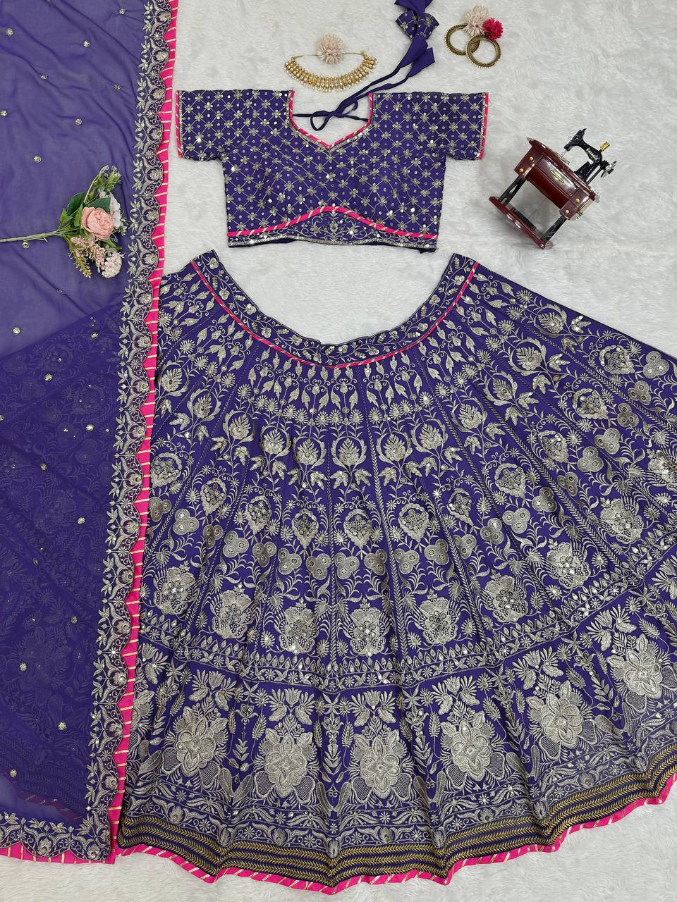 Purple Foux Gorgette thread with Sequnce with lace broder  Lehengha - INSPIRED