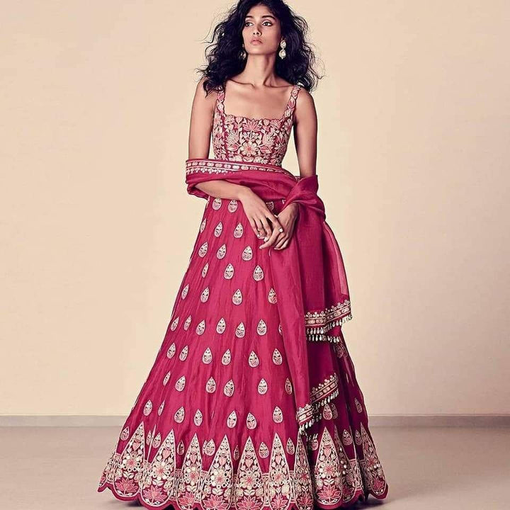 Rani Pink Heavy Tapeta Silk Thread Embroidery With Mirrer Lehenga  -  INSPIRED