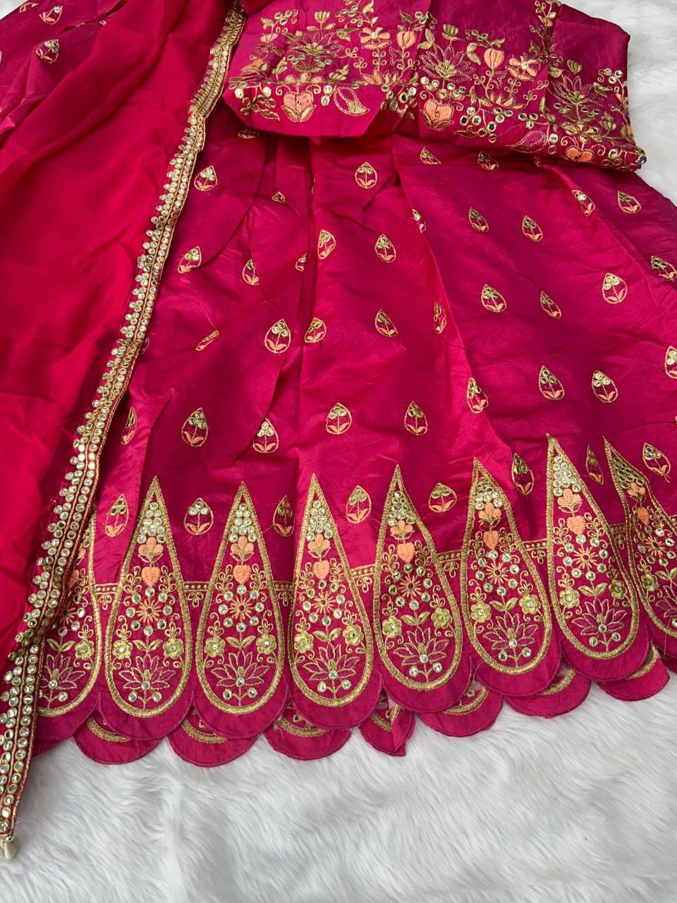 Rani Pink Heavy Tapeta Silk Thread Embroidery With Mirrer Lehenga  -  INSPIRED