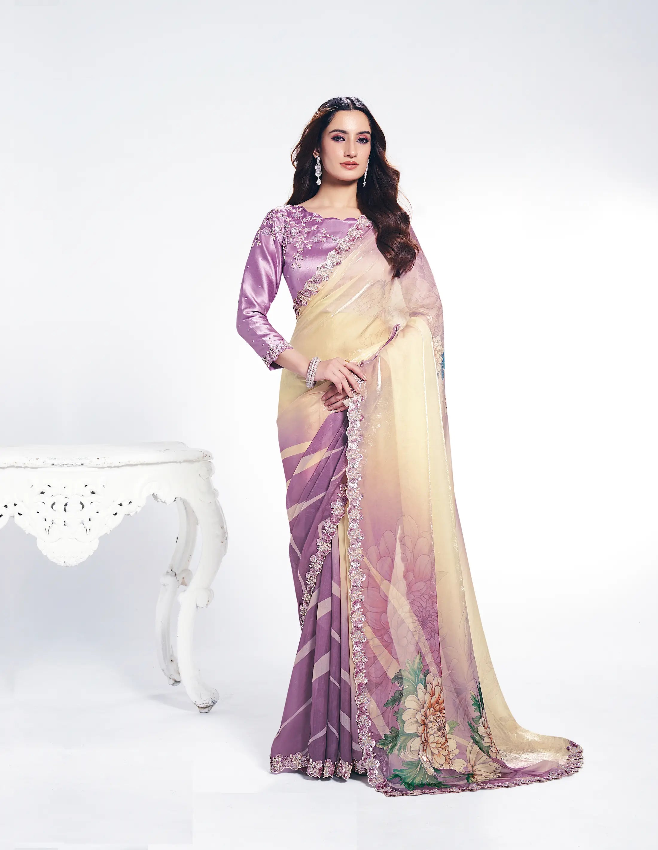 Lavender Satin Silk Saree With Print & Stone Handwork - qivii