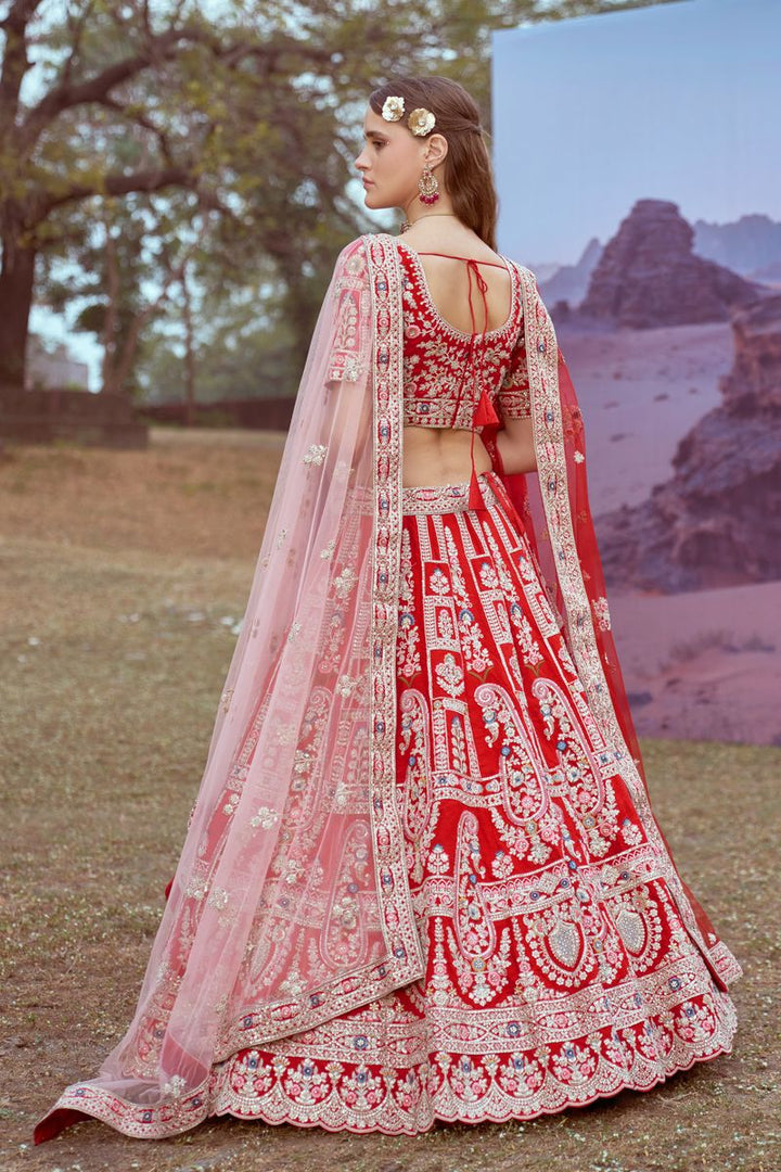 Red Pure silk Moti, Sequins embroidery Semi-Stitched Bridel Lehenga choli & Dupatta