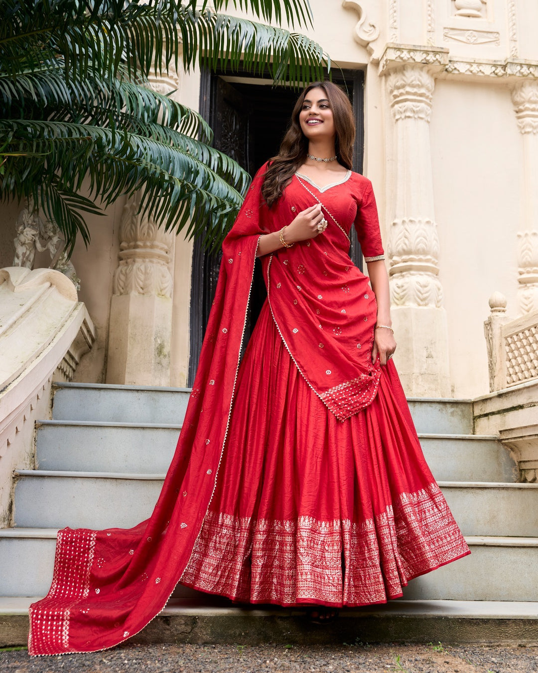 Red Pure Chanderi Plain With Zari Weaving Work Border Lehenga