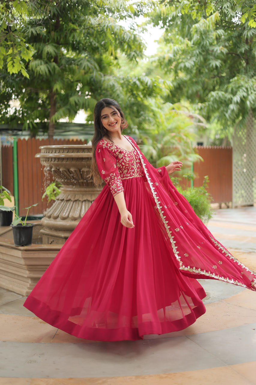 Pink Sequins Embroidered Faux Blooming Gown