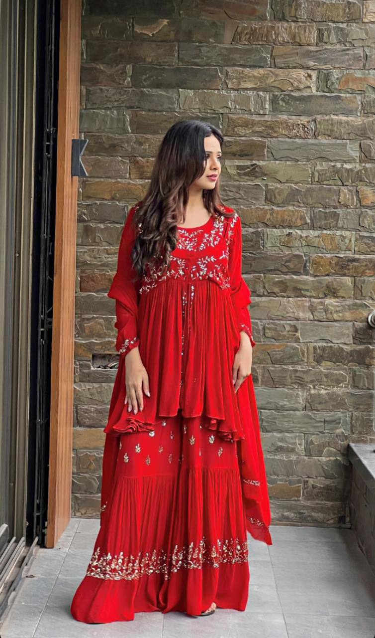 Red Faux Georgette with inner Thred work Sharara Plazoo -INSPIRED 