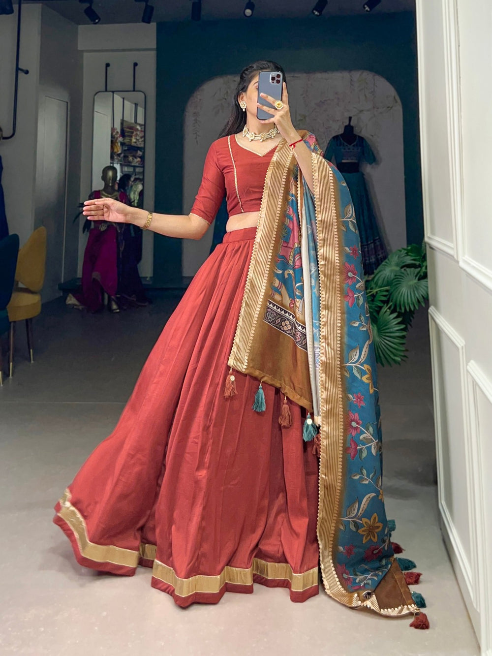 Elegant maroon Chinon silk lehenga with lace touch up drawstring and zip